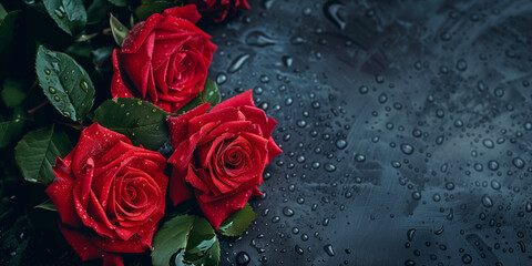 Wall Mural - Red roses on dark background poster. Beautiful red flowers with water drops horizontal banner. Raster bitmap digital illustration. Photo style. AI artwork. 