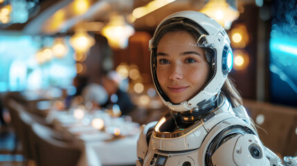 Poster - A smiling astronaut in a helmet poses in a spacecrafts dining room.