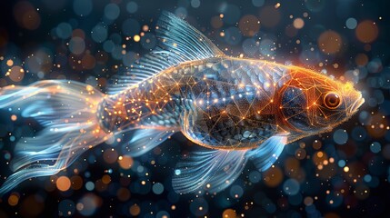 Wall Mural - Rendered as a hologram, a fish emerges from polygons, triangles, and lines, forming a low-poly compound structure. This illustration embodies the fusion of marine life with technology.