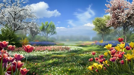 Wall Mural - beautiful view of spring with different coloured spring flowers