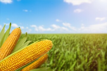 Poster - yellow fresh corn cobs in plantation field.