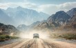A car speeds across a dusty desert road near rugged mountains.