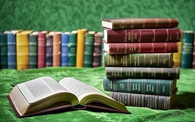 A stack of hardcover books with an open book in front on a green background.