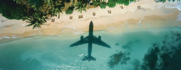 Wall Mural - Aerial view of an airplane shadow flying over the beach with blue water and palm trees There are also some sunbeds on the sand Generative AI