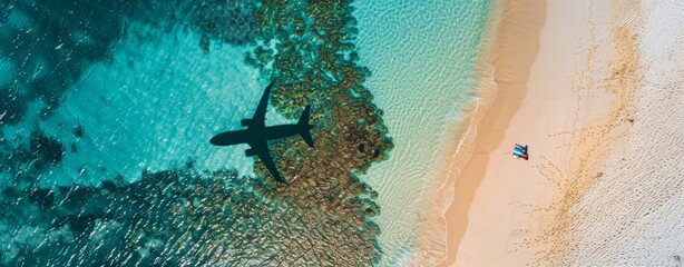 Wall Mural - A plane's shadow on the beach, taken from above with a drone camera, with an exotic island in view and crystal clear turquoise water, a man lying under his towel is visible Generative AI