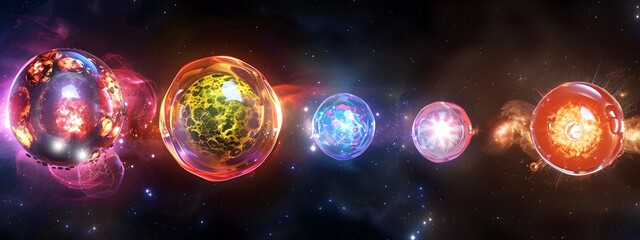 Poster - A series of depicting the nuclear fusion process in stars showcasing the synthesis of heavier