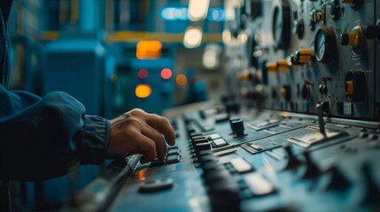 Close-up of an engineer hand turning a dial on an industrial control system.