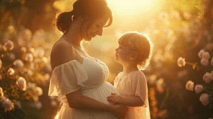 Poster - A woman and a little girl standing in a field of flowers