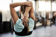 © peopleimages.com - Woman, arms and stretching for gym exercise or mobility health or flexibility, performance or athlete. Female person, back and physical activity for training workout or fitness, challenge or strength