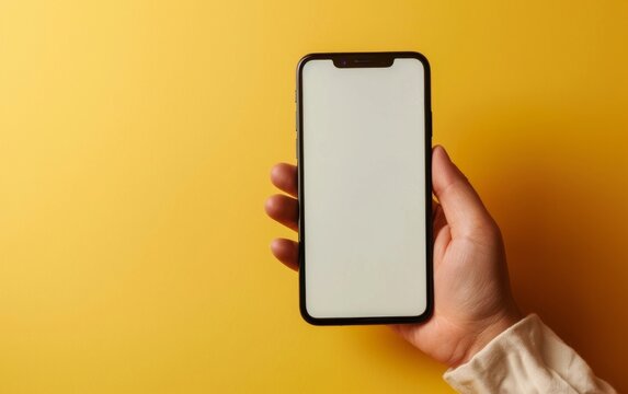 hand holding a smartphone with a blank screen against a yellow background.