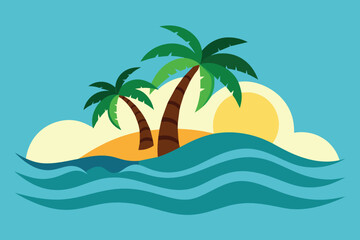 Wall Mural - Palm tree island and waves, paradise graphics vector