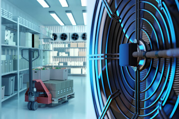 Poster - A futuristic warehouse with a large circular portal and a forklift carrying boxes 3d image