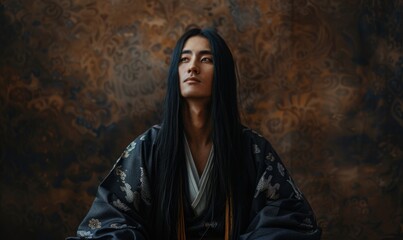 Portrait of young Asian man with dark long hair in traditional clothes looking at camera