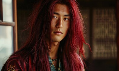 portrait of young asian man with deep red long hair in traditional clothes looking at camera