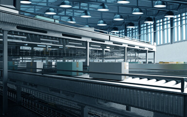 Wall Mural - Image of a modern, automated factory interior with conveyors and packages 3d image