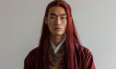 Wall Mural - Portrait of young Asian man with deep red long hair in traditional clothes looking at camera