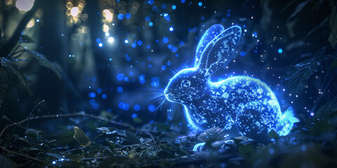 Wall Mural - Enchanted Forest Scene with Glowing Mystical Rabbit at Night