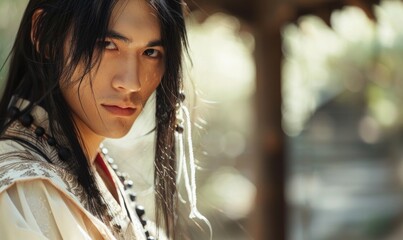 Sticker - Portrait of young Asian man with dark long hair in traditional clothes looking at camera