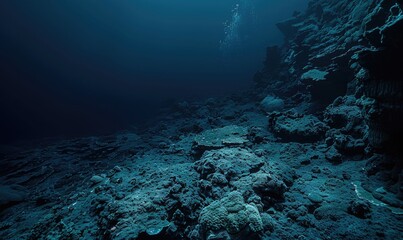 Wall Mural - Underwater scene with seafloor and sunbeams through water surface