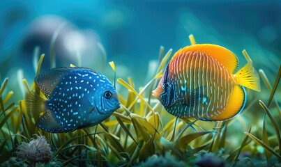 Cockerel fish and blue tang fish in the water