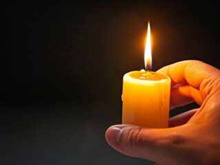 Wall Mural - A hand holding a lit candle against a dark background, showcasing the gentle glow and serene warmth of the flame.