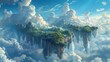 © MIN_NK - Floating island with waterfalls and clouds in the sky, fantasy landscape