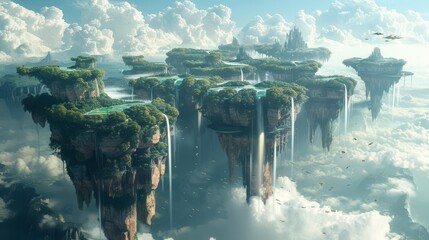 Fantastic city with floating islands in the sky, clouds, blue sky, waterfalls