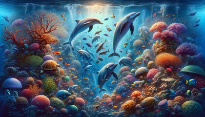 An underwater scene teeming with life and coral reefs.