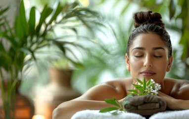 Woman enjoying a peaceful herbal compress massage in a serene spa setting.