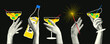 © Яна  - Festive set of elements in retro collage style. A woman's hand with a halftone effect holds a glass of cocktail.