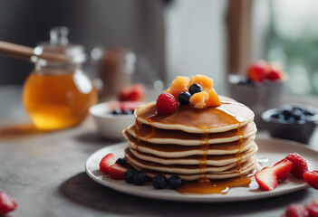 Wall Mural - Delicious pancake with honey and fruits at kitchen. copy space for text
