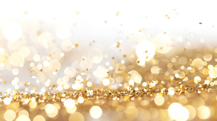 The texture of a golden sheen on a white background. Particles of golden color, a wave of shiny confetti. Festive background.