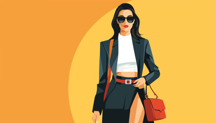 Fashionable woman in sunglasses with red handbag. Vector illustration