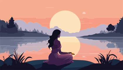 Wall Mural - Woman meditating on the lake at sunset. Vector illustration in flat style