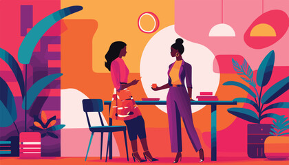 Two african american business women talking in cafe. Vector flat graphic design illustration