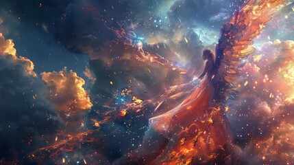 a woman is standing in a colorful, fiery sky with a winged creature