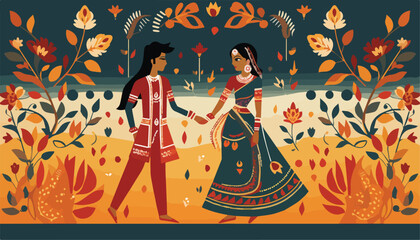 Indian couple dancing in the park. Vector illustration in flat style.