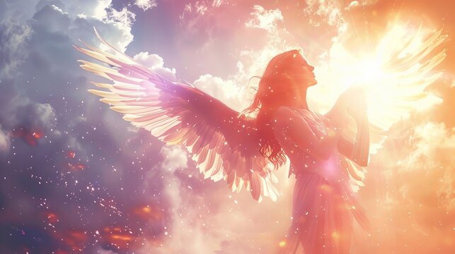 A woman is holding a winged angel in the sky