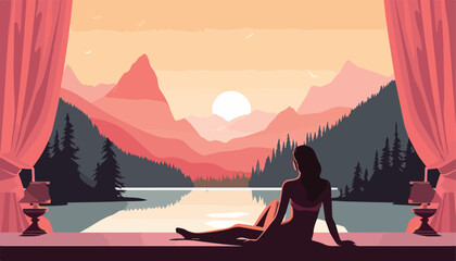 Wall Mural - Girl sitting by the lake in the mountains at sunset. Vector illustration