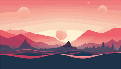 Landscape with mountains and sunset. Vector illustration in flat style.