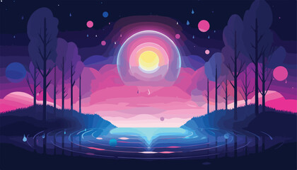 Wall Mural - Night landscape with lake and forest. Vector illustration. Eps 10.