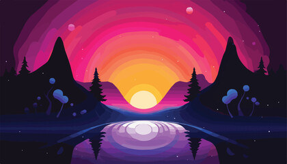 Wall Mural - Beautiful landscape with lake, mountains and sunset. Vector illustration.