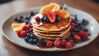 Wall Mural - Delicious pancake with honey and fruits at kitchen. copy space for text
