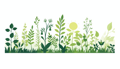 vector illustration of a green meadow with grass, flowers and plants