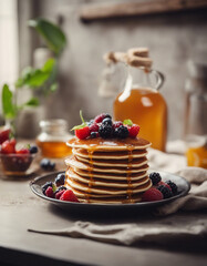 Wall Mural - Delicious pancake with honey and fruits at kitchen. copy space for text
