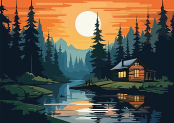 Wall Mural - Wooden house on the bank of a mountain river at sunset. Vector illustration