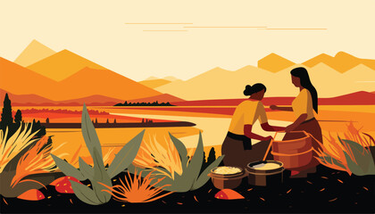 Wall Mural - Landscape with lake, mountains, forest and people. Flat vector illustration