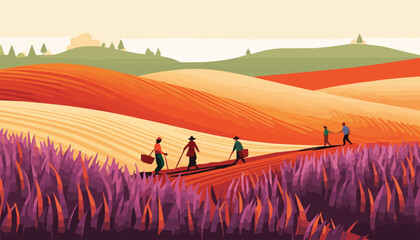 Wall Mural - Farmers are working on the field. Harvesting season. Vector illustration.