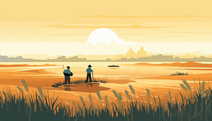 Wall Mural - Fishermen on the river bank at sunset. Vector illustration.