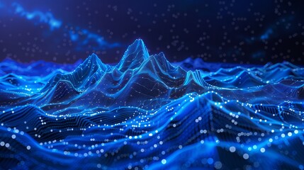 Wall Mural - Abstract digital mountains range landscape with glowing light dots against a technology blue background. Futuristic low poly wireframe illustration conveying data mining and management concept.